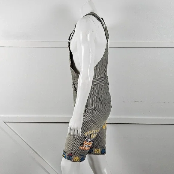 Clone Devgru Design Vintage Mens M Hickory Stripe Graphic Patch Short Overalls - Picture 3 of 8